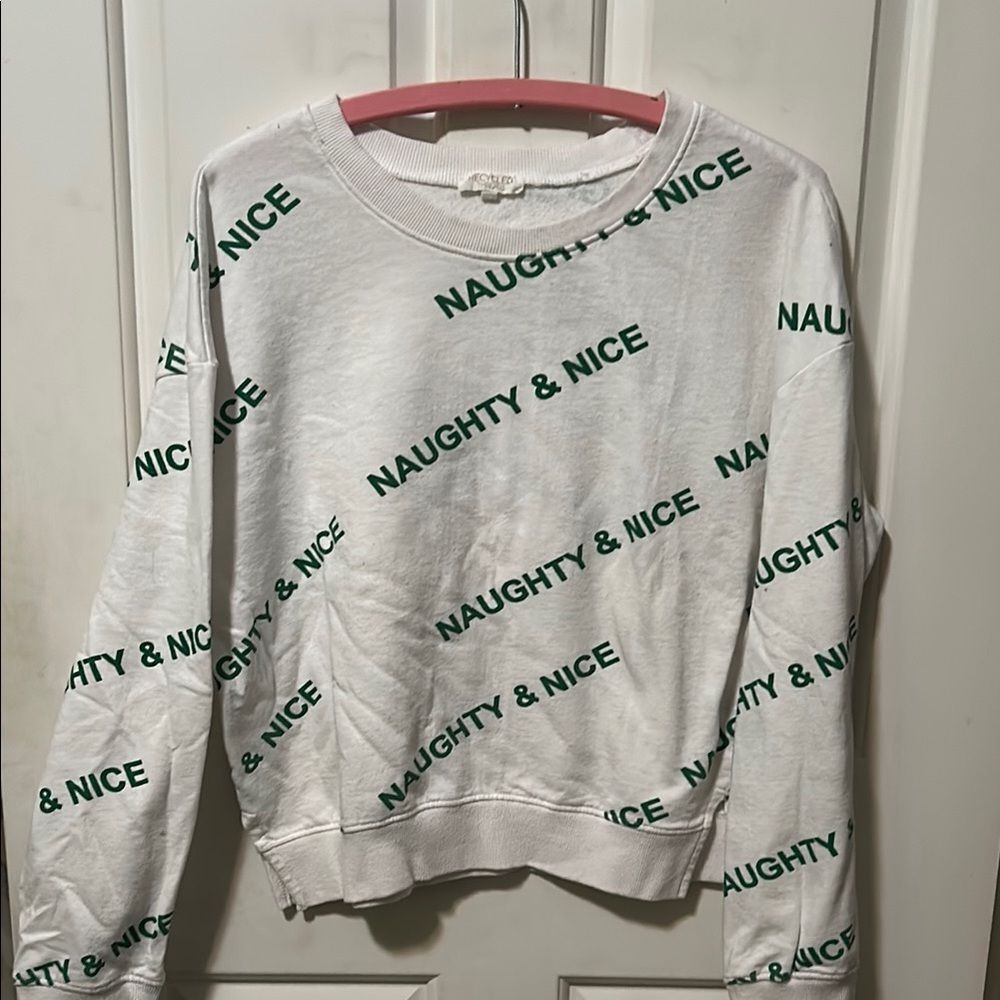 Naughty & Nice White & Green recycled threads sweatshirt size s